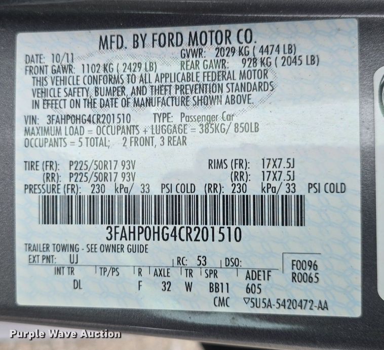 image for item DQ4546 2012 Ford Fusion SE 