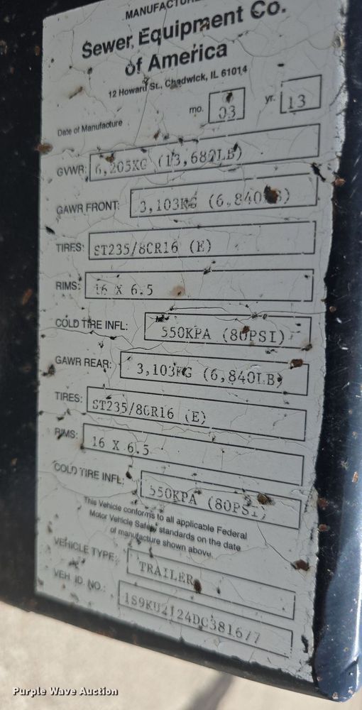 image for item DQ5132 2013 Sewer Equipment Co  545 sewer jetter trailer