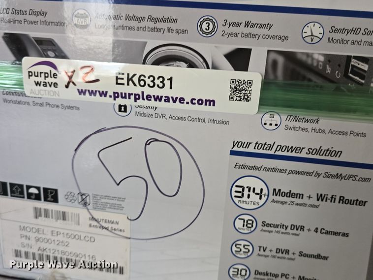 image for item EK6331 (78) Minuteman Entrepid 1500va battery backups 