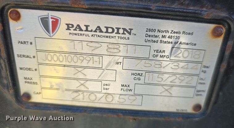 image for item EK6353 2018 Paladin skid steer bucket