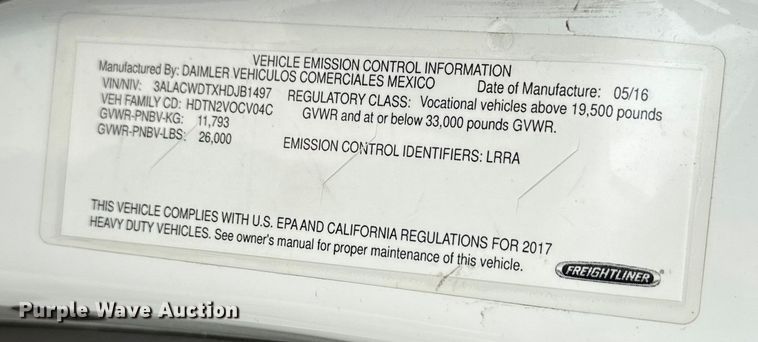 image for item EE7480 2017 Freightliner Business Class M2 box truck