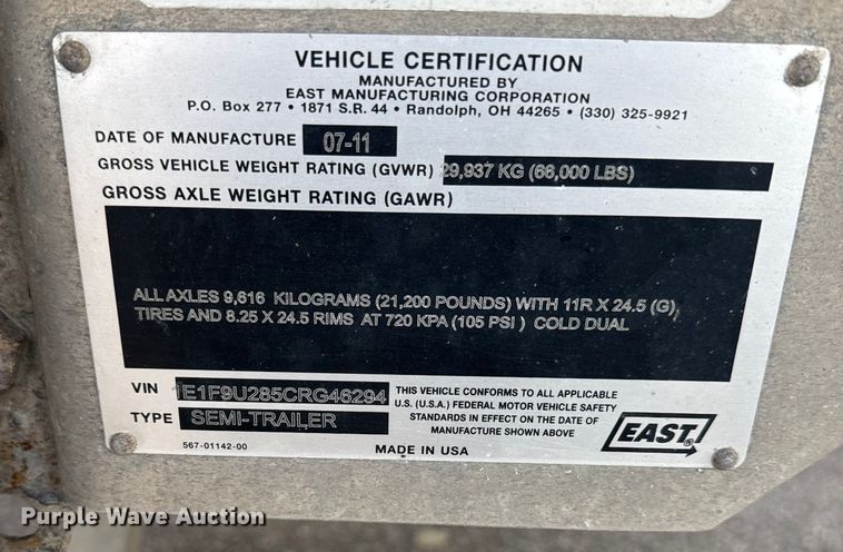 image for item EE7490 2012 East end dump trailer