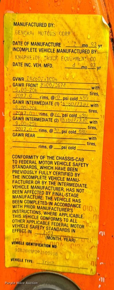 image for item OF9955 1993 Chevrolet  Kodiak C5500 dump flatbed truck