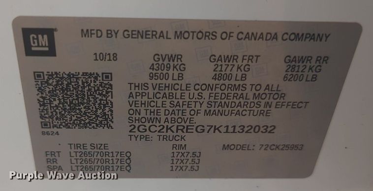 image for item DL1067 2019 Chevrolet  Silverado 2500HD Double Cab pickup truck