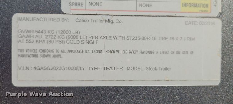 image for item DR8748 2016 Calico Trailers livestock trailer