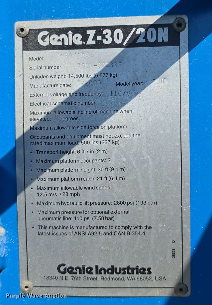 image for item DS4742 2000 Genie Z-30/20N vertical lift