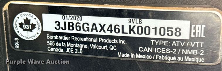 image for item DX1108 2020 Can-Am SSV Defender utility vehicle