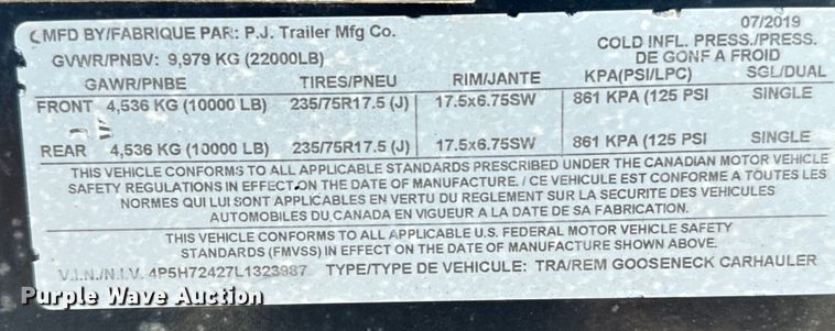 image for item DX3458 2020 PJ Gooseneck LD equipment trailer