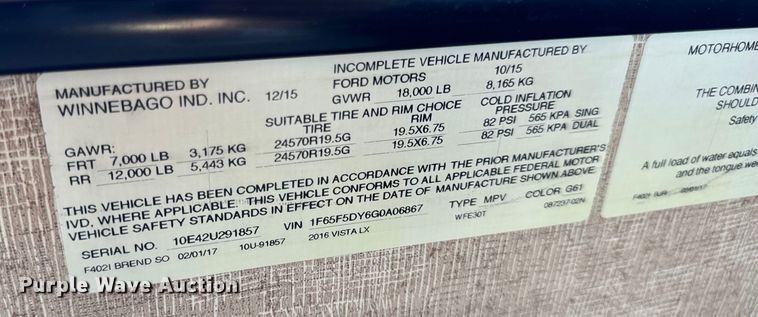 image for item EH6979 2016 Winnebago  Vista LX RV