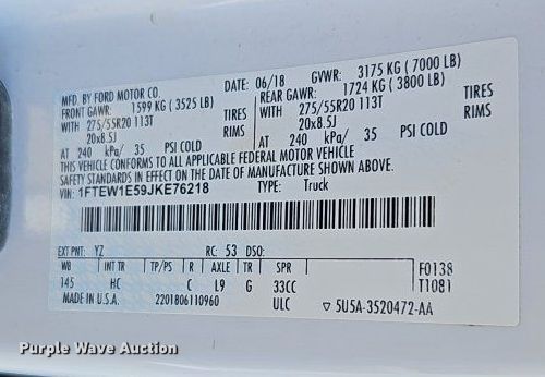 image for item EI8257 2018 Ford F150 Lariat SuperCrew pickup truck