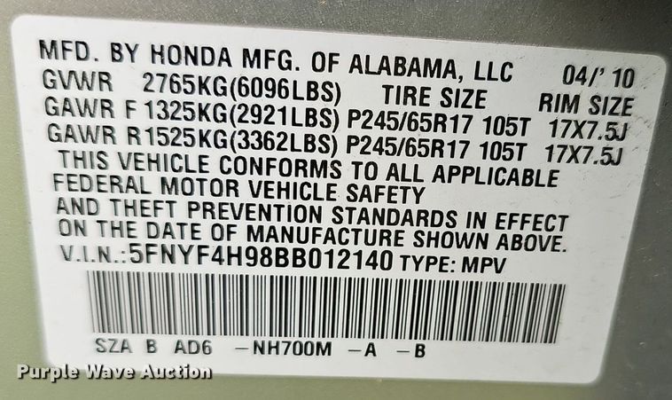 image for item EJ5724 2011 Honda Pilot SUV