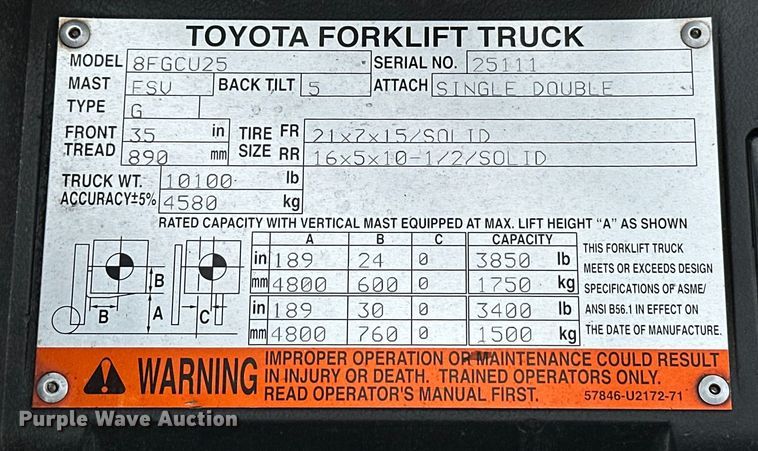 image for item EJ8867 2009 Toyota  8FGCU25 forklift