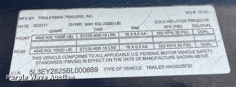 image for item EK8922 2011 Trailerman HHG8235F20 equipment trailer