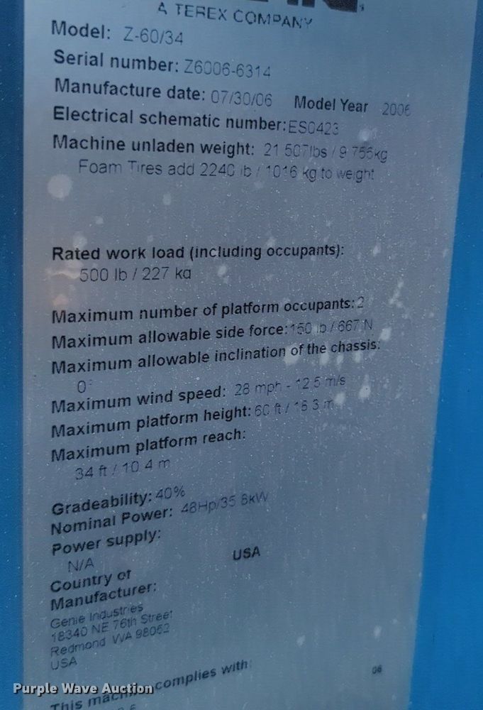 image for item EQ2006 2006 Genie Z60/34 boom lift