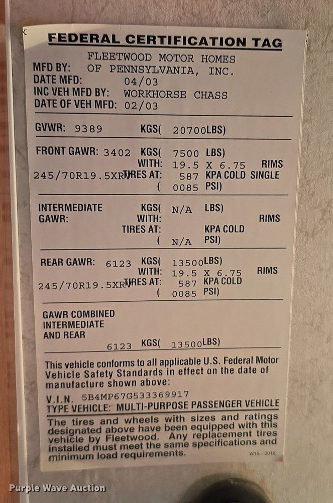 image for item IO9993 2003 Southwind  Workhorse Fleetwood RV