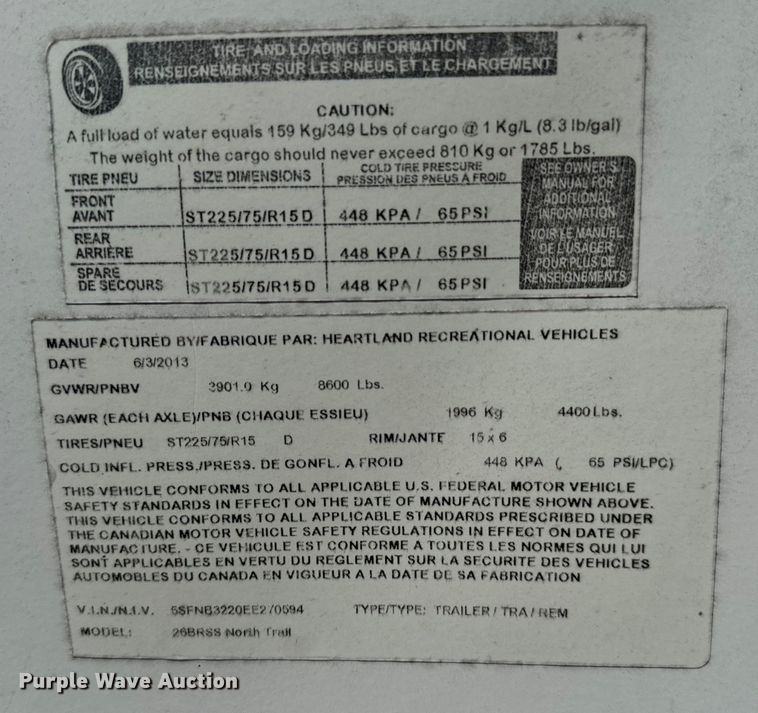 image for item NQ9731 2014 Heartland North Trail 26BRSS  camper