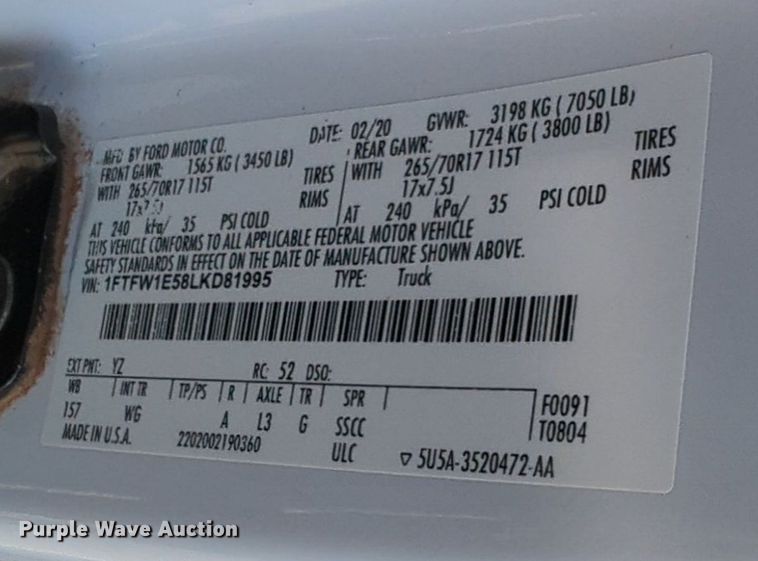 image for item NW9738 2020 Ford F150 XL SuperCrew pickup truck