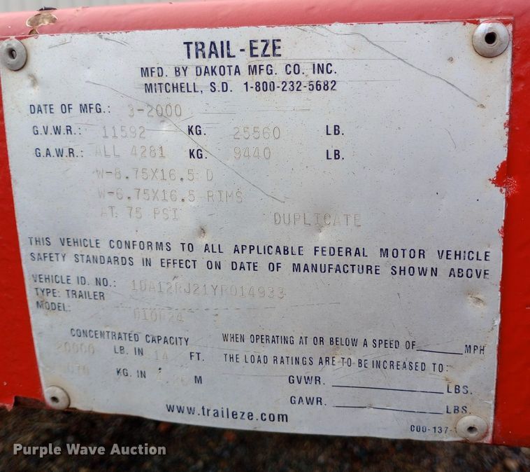 image for item NY9440 2000 Trail-eze equipment trailer
