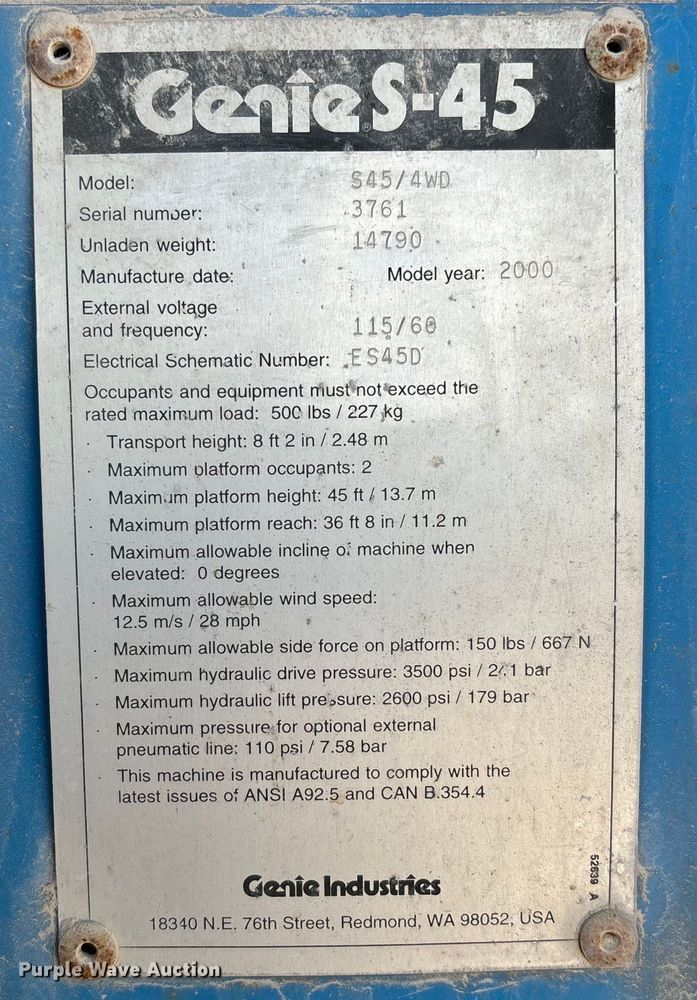 image for item DP6697 2000 Genie S-45 boom lift