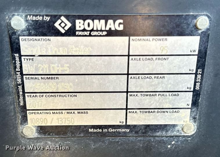 image for item DW2267 2017 Bomag BW211DH single drum vibratory roller