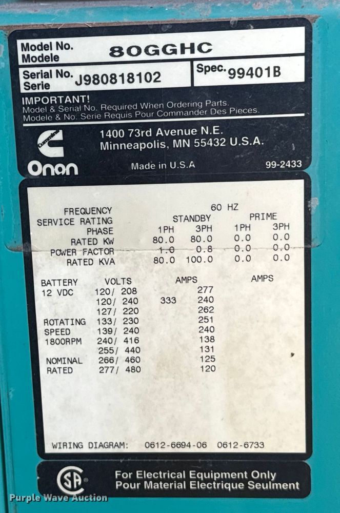 image for item DX3564 Onan 80GGHC  generator