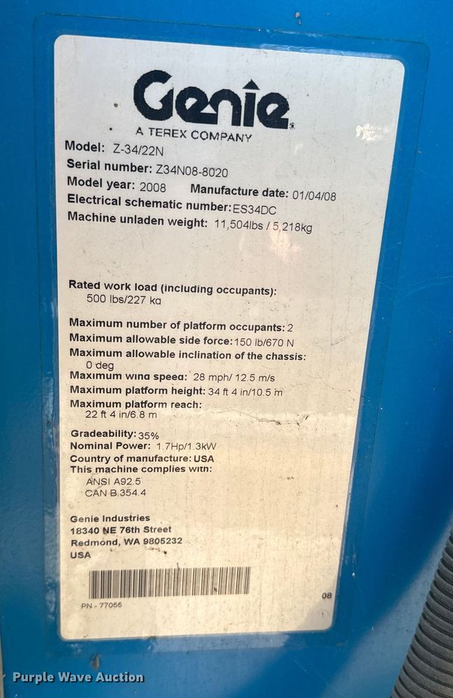 image for item EI4035 2008 Genie Z-34/22 boom lift