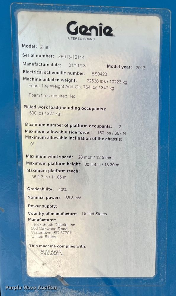 image for item EJ2938 2013 Genie Z-60/34 boom lift