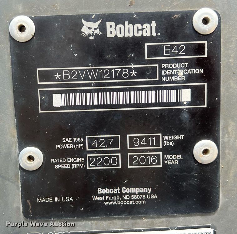 image for item EJ2974 2016 Bobcat E42 mini excavator
