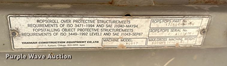 image for item EJ8850 2014 Yanmar VI017 mini excavator