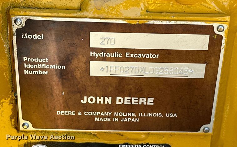 image for item EJ8852 2013 John Deere  27D mini excavator