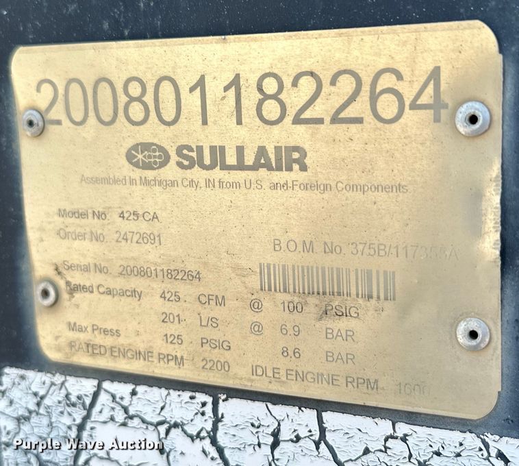 image for item EJ8893 Sullair  425 air compressor