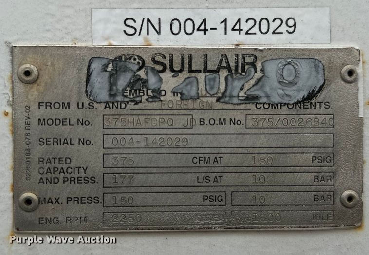 image for item OF9952 Sullair 375H air compressor