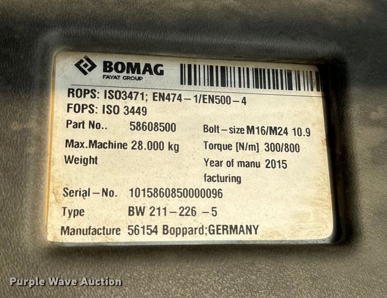 image for item OF9993 2017 Bomag BW211DH-5 single drum vibratory roller