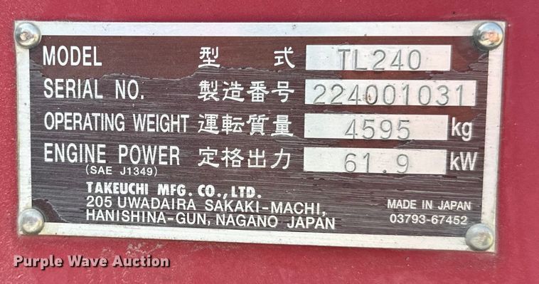 image for item OG9642 2011 Takeuchi TL240 tracked skid steer loader