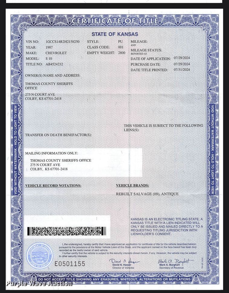 image for item DQ6952 1987 Chevrolet  S10 Ext. Cab pickup truck