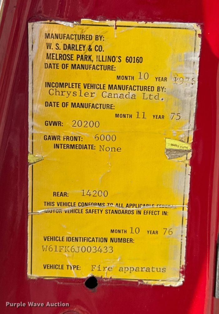 image for item DX1056 1976 Dodge W600 pumper fire truck