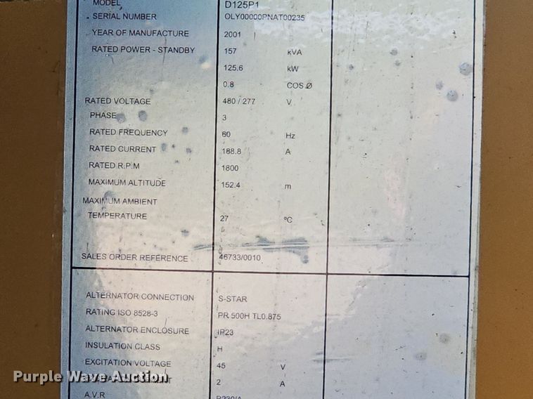 image for item EJ5784 2001 Olympian D125P1 generator