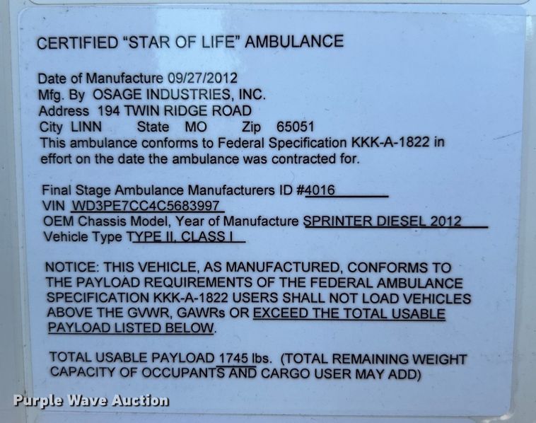 image for item EK3242 2012 Mercedes Benz  Sprinter 2500 ambulance