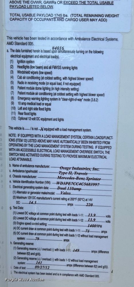 image for item EK3242 2012 Mercedes Benz  Sprinter 2500 ambulance