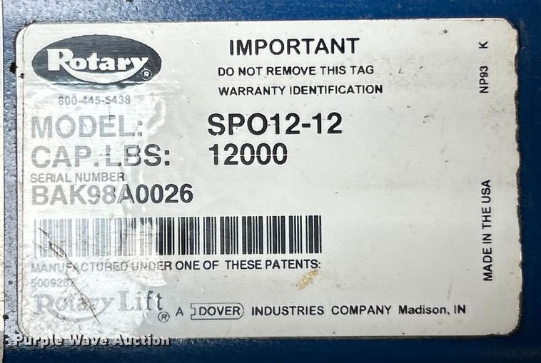 image for item EK3245 Rotary  SPO12-12 two post automotive lift