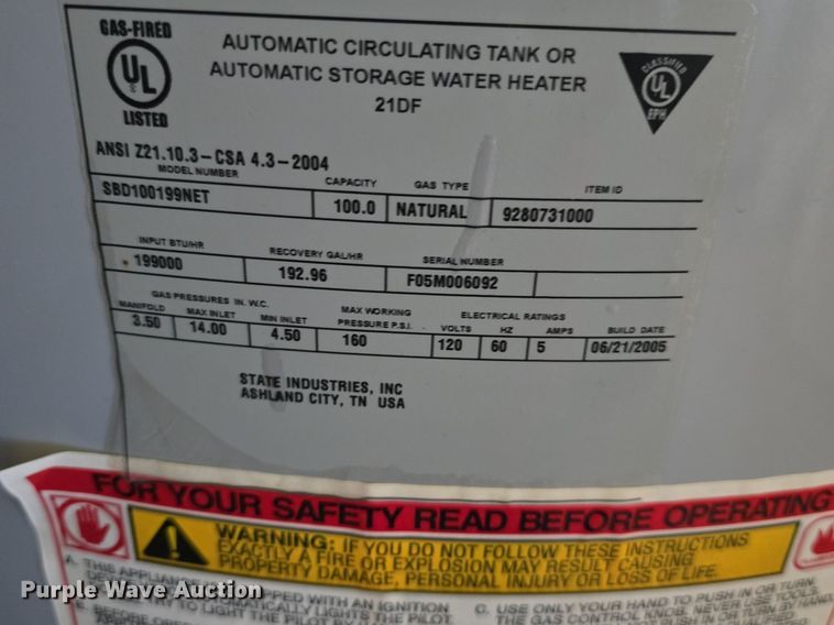 image for item EK6434 2005 State Industries SBD100199NET hot water heater