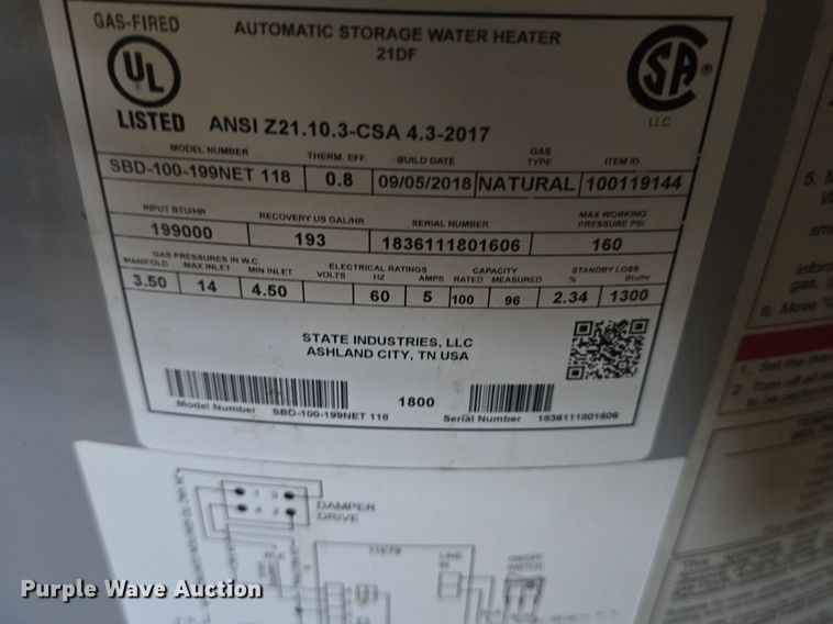 image for item EK6435 2018 State Industries SBD-100-199ZNET 118 hot water heater