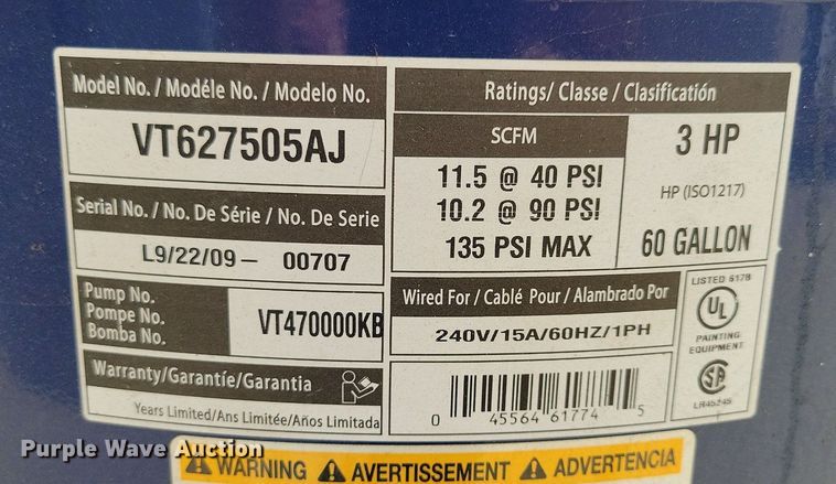 image for item KA9885 2009 Campbell Hausfeld VT627505AJ air compressor
