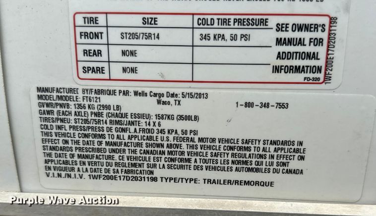 image for item LF9982 2013 Wells Cargo FT6121 enclosed cargo trailer