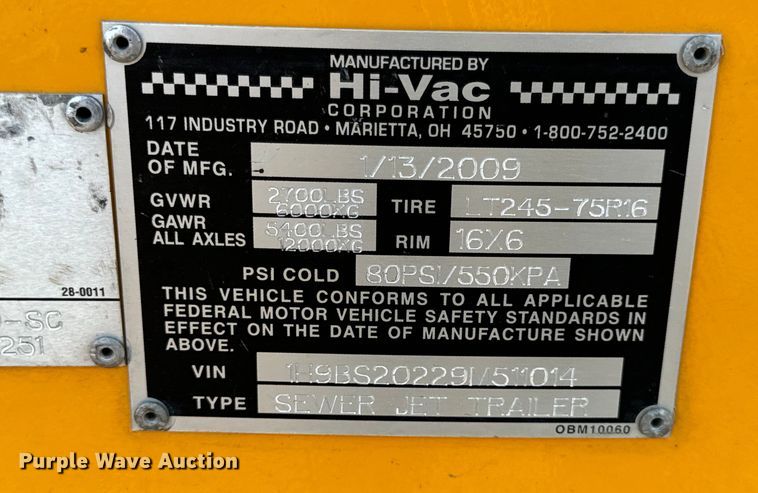 image for item OF9974 2009 O'Brien 7040-SC sewer jetter trailer