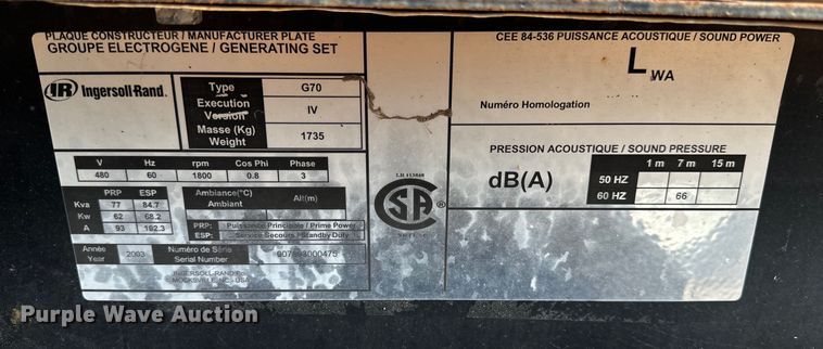 image for item OG9655 2003 Ingersoll Rand  G70 generator