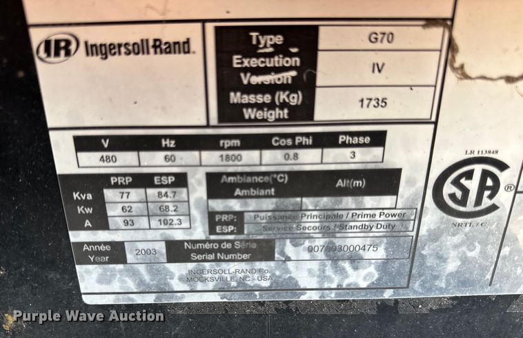 image for item OG9655 2003 Ingersoll Rand  G70 generator