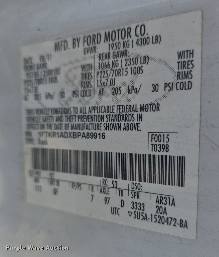 image for item ZA0494 2011 Ford Ranger  pickup truck