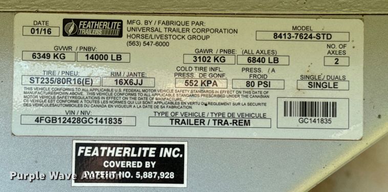 image for item DX1075 2016 Featherlite 8413-7624-STD livestock trailer