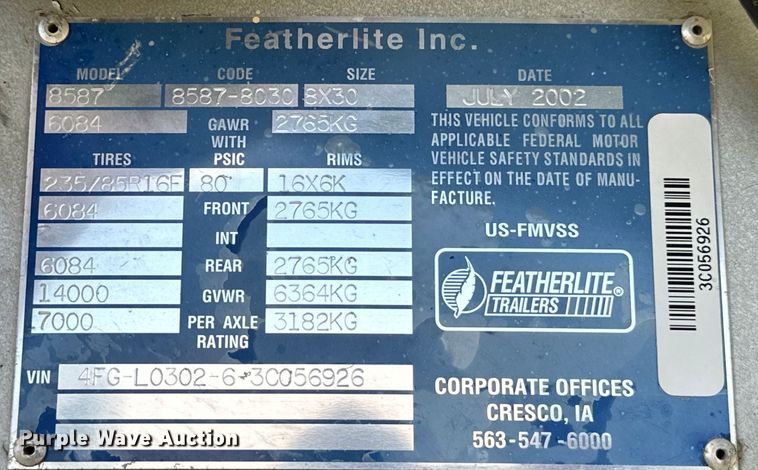 image for item EJ8862 2003 Featherlite  8587 horse trailer